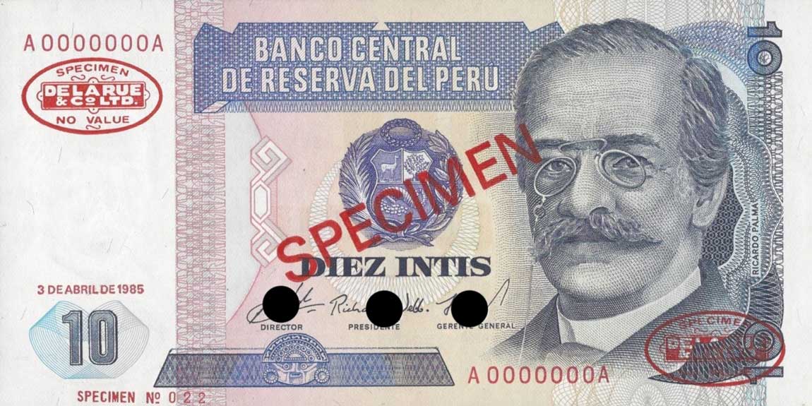 Front of Peru p128s: 10 Intis from 1985