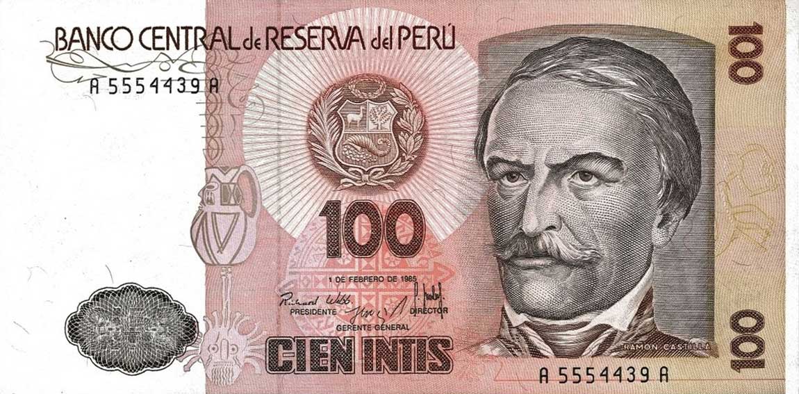 Front of Peru p132a: 100 Intis from 1985