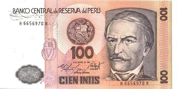 Front of Peru p132b: 100 Intis from 1986