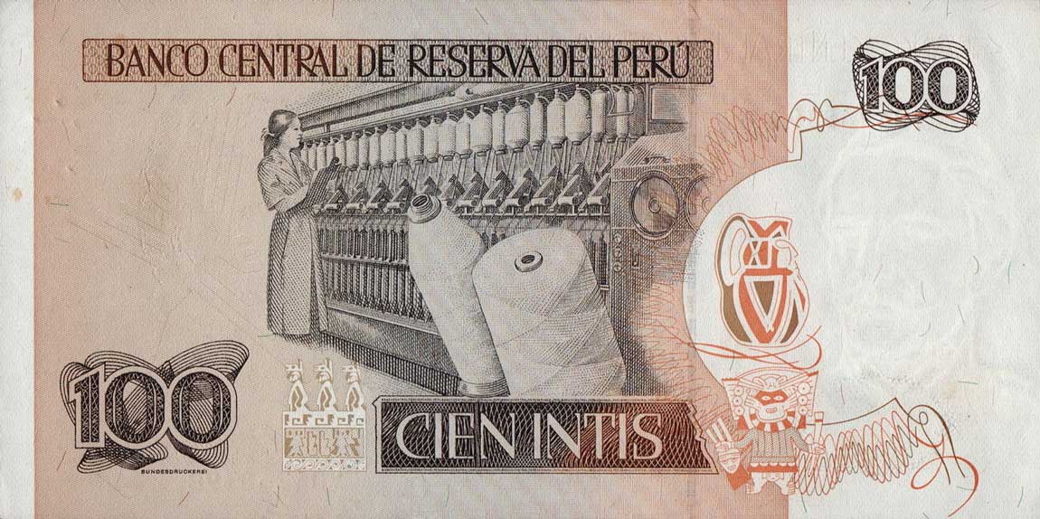 Back of Peru p133r: 100 Intis from 1987