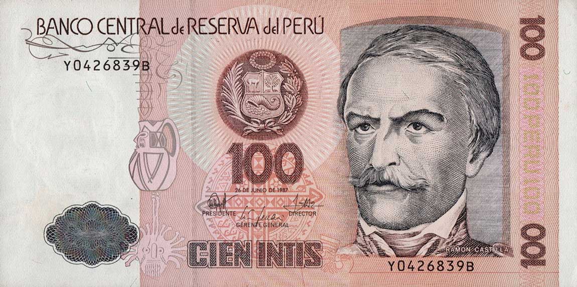 Front of Peru p133r: 100 Intis from 1987