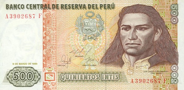 Front of Peru p135: 500 Intis from 1986