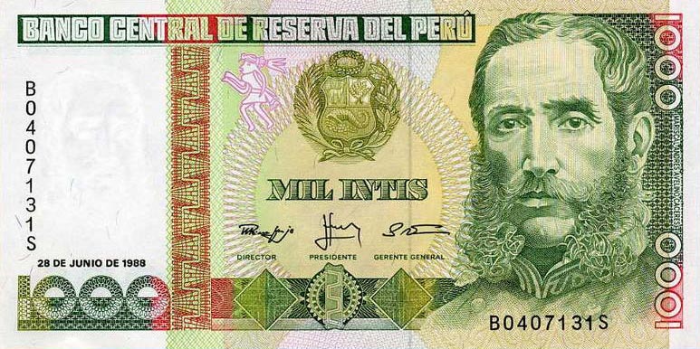 Front of Peru p136b: 1000 Intis from 1987