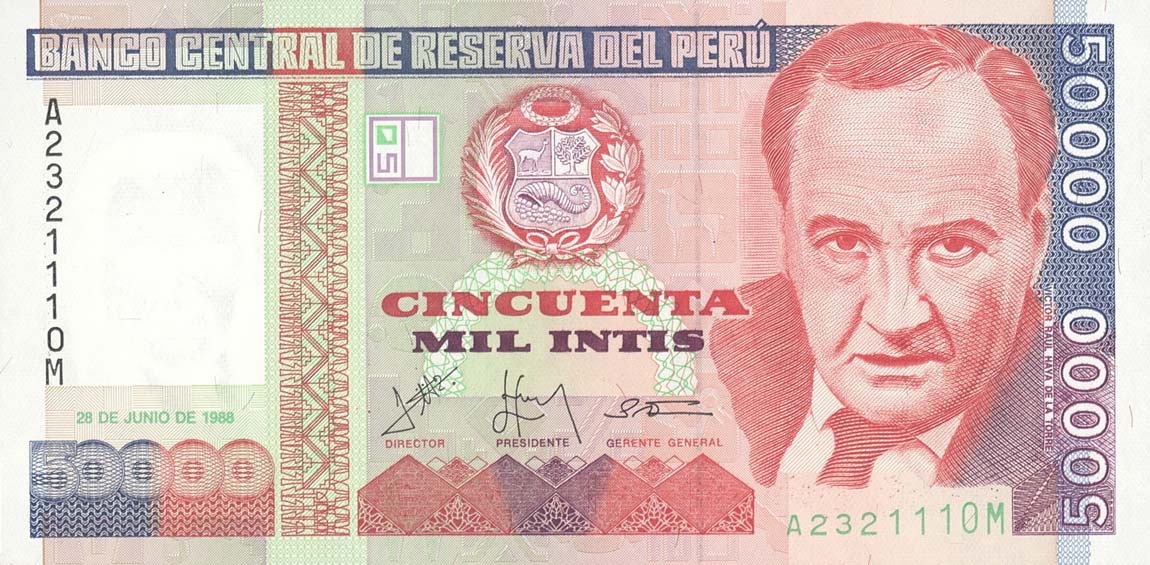 Front of Peru p142a: 50000 Intis from 1988