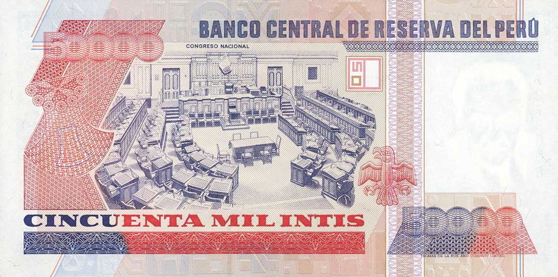 Back of Peru p143: 50000 Intis from 1988