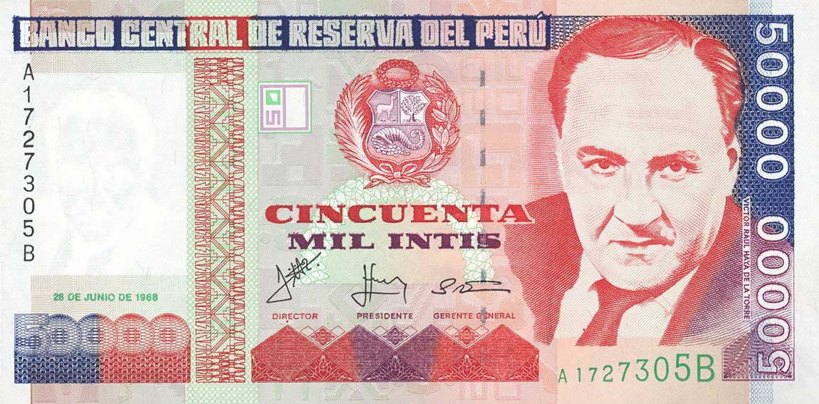 Front of Peru p143: 50000 Intis from 1988