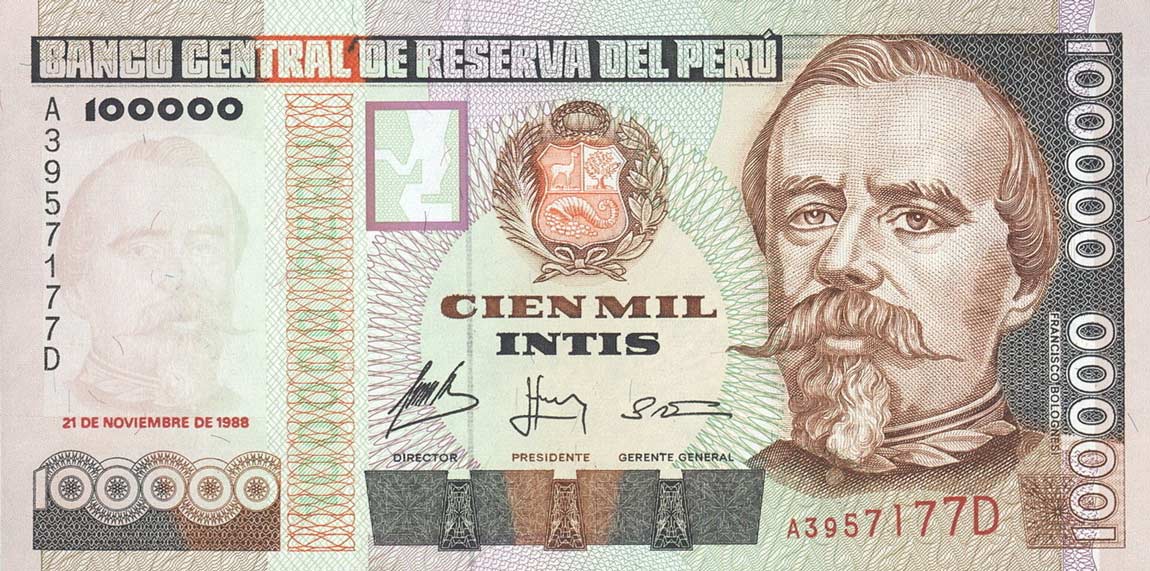 Front of Peru p144a: 100000 Intis from 1988