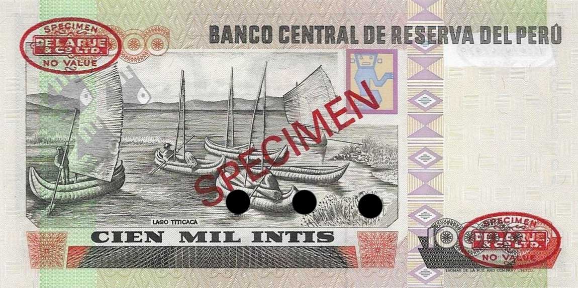 Back of Peru p144s: 100000 Intis from 1988