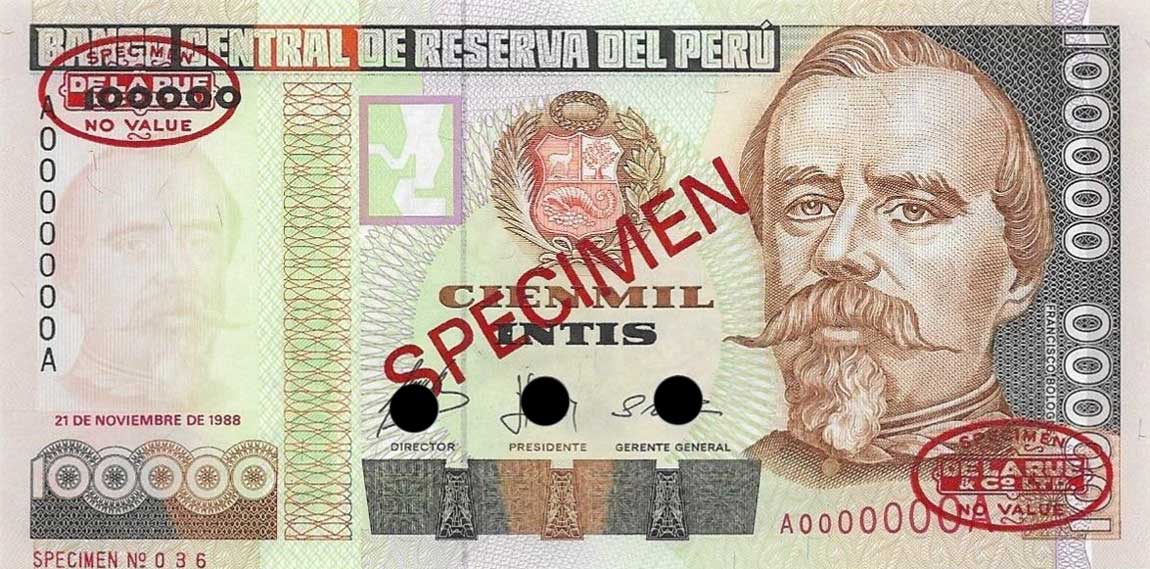 Front of Peru p144s: 100000 Intis from 1988