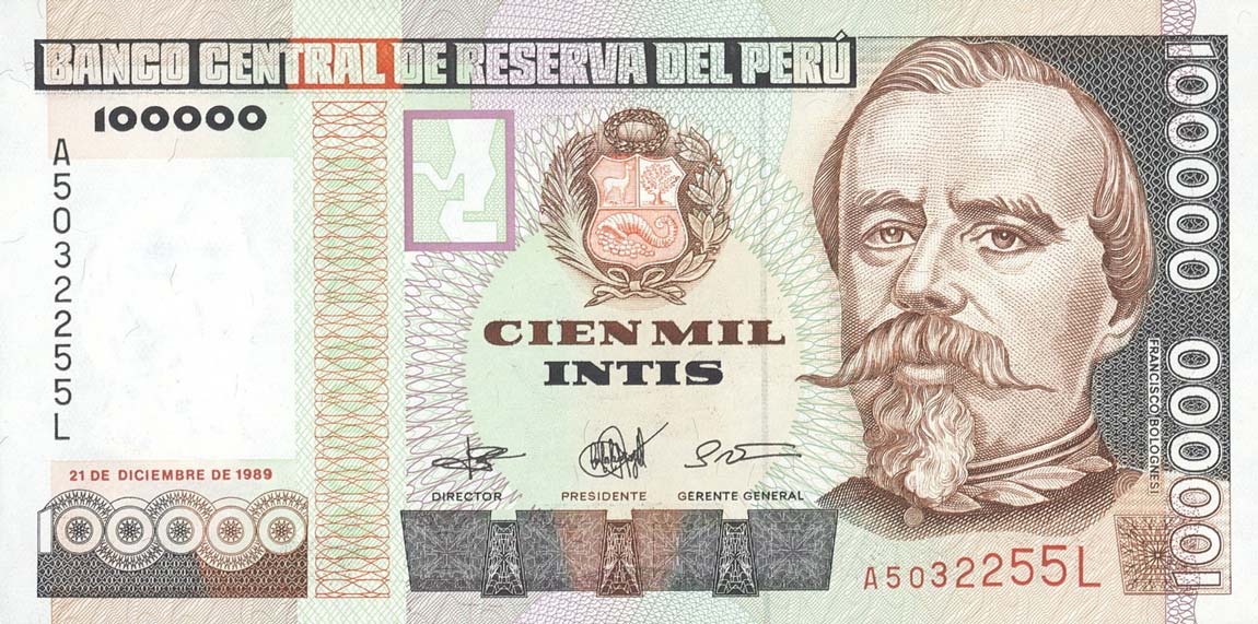 Front of Peru p145a: 100000 Intis from 1989