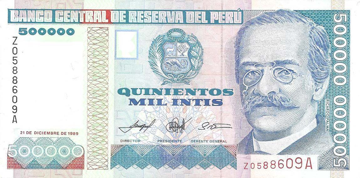 Front of Peru p147: 500000 Intis from 1989