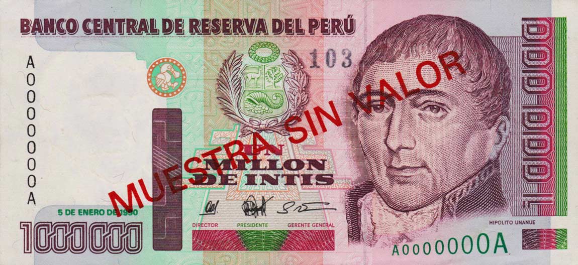 Front of Peru p148s: 1000000 Intis from 1990