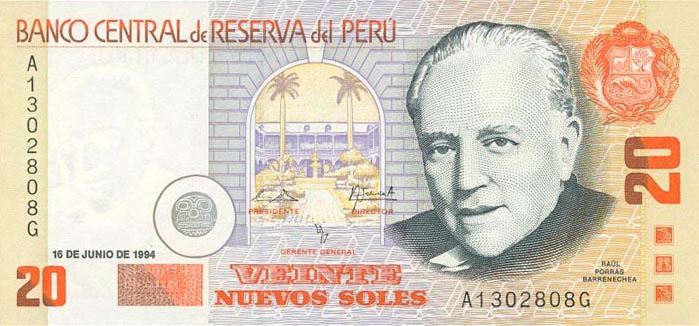 Front of Peru p158a: 20 Nuevos Soles from 1994