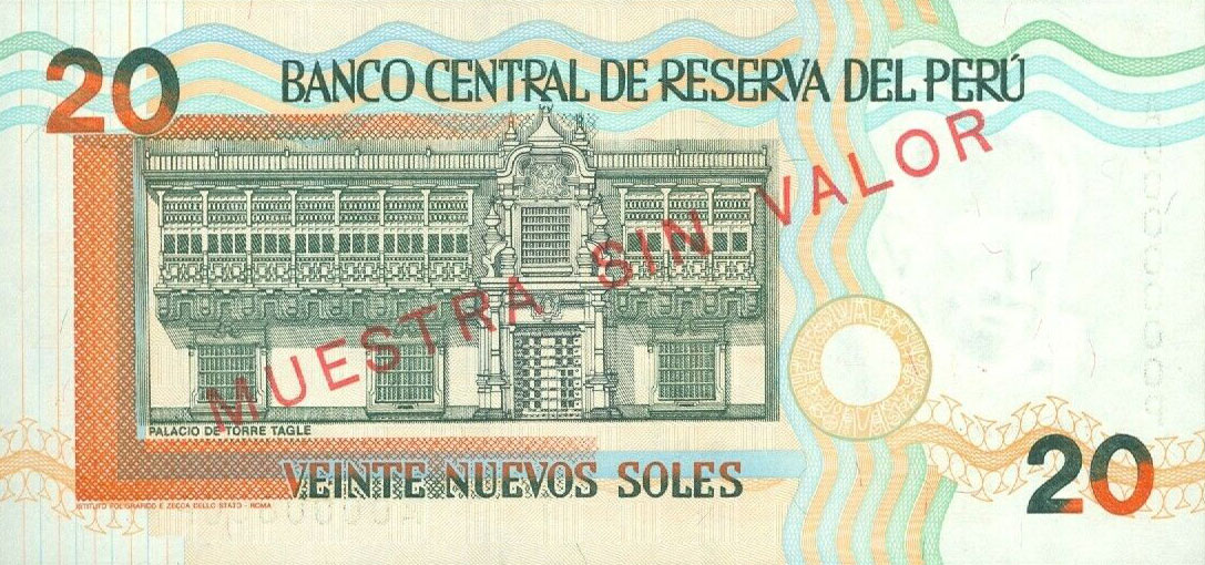 Back of Peru p167s: 20 Nuevos Soles from 1997