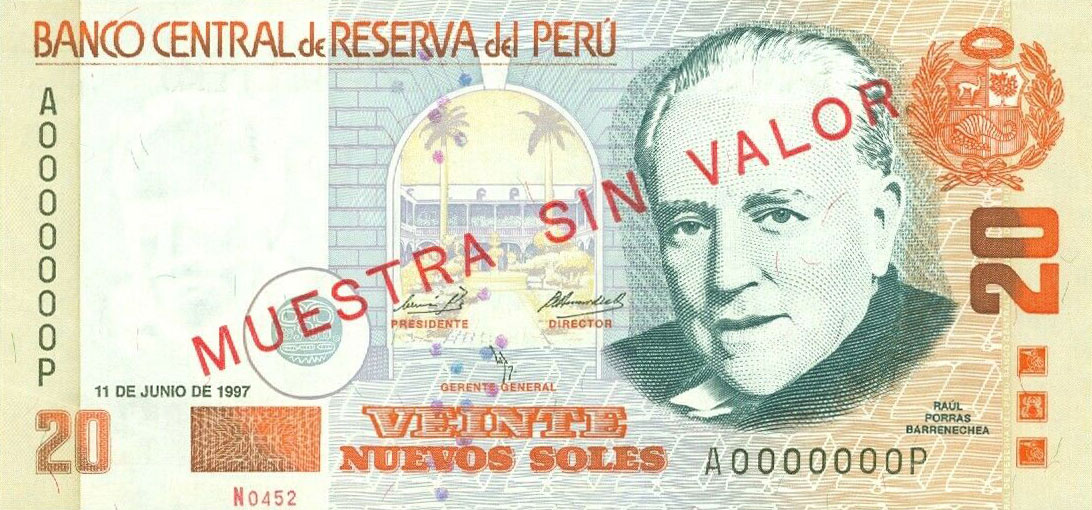 Front of Peru p167s: 20 Nuevos Soles from 1997