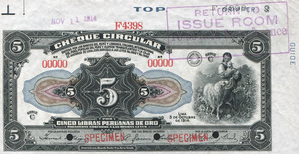 Front of Peru p27s: 5 Libras from 1914