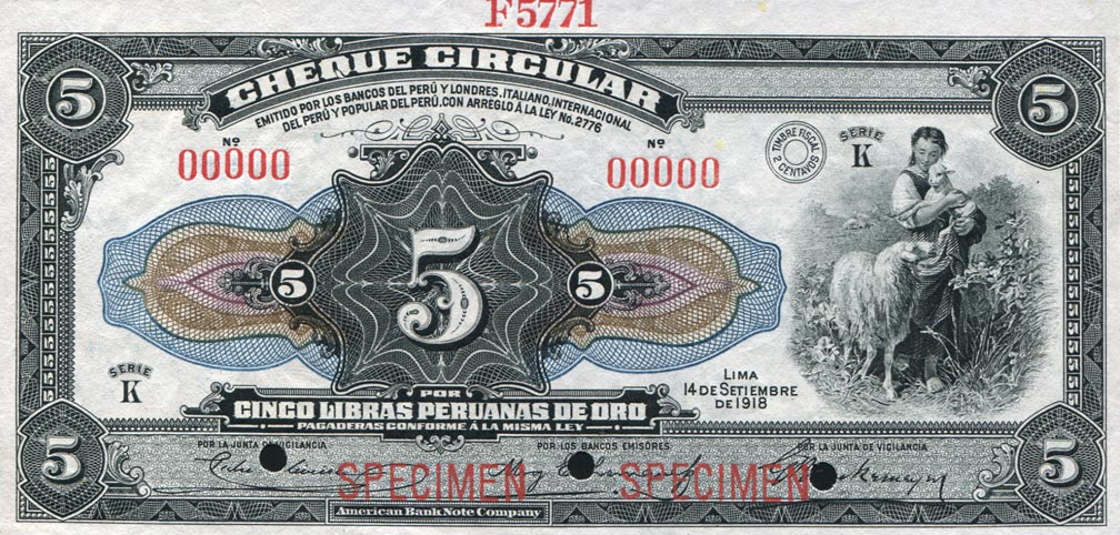 Front of Peru p38s: 5 Libras from 1918