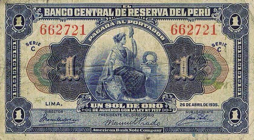 Front of Peru p65a: 1 Sol from 1935