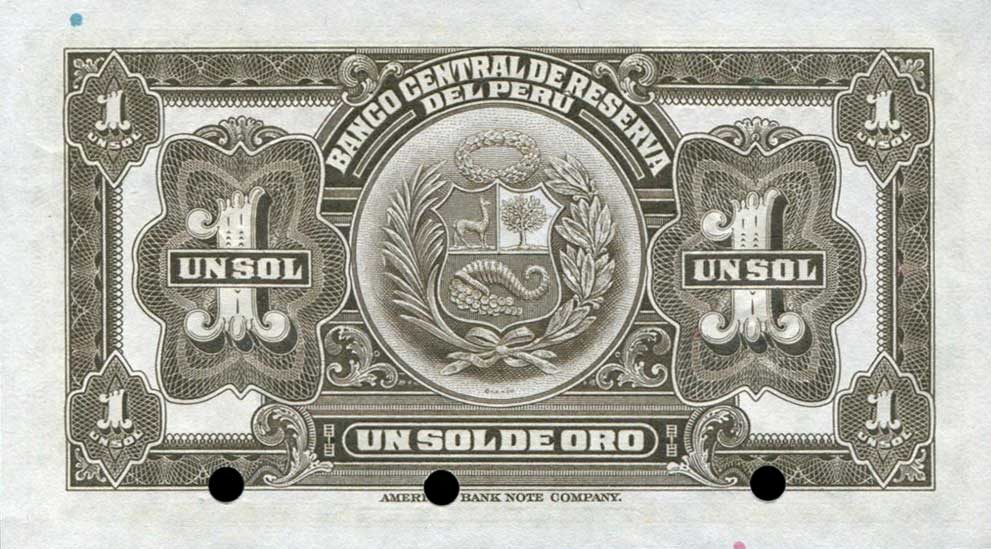 Back of Peru p65s: 1 Sol from 1935