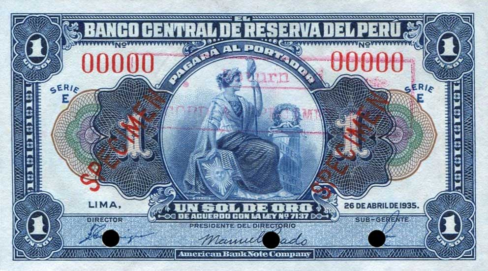 Front of Peru p65s: 1 Sol from 1935