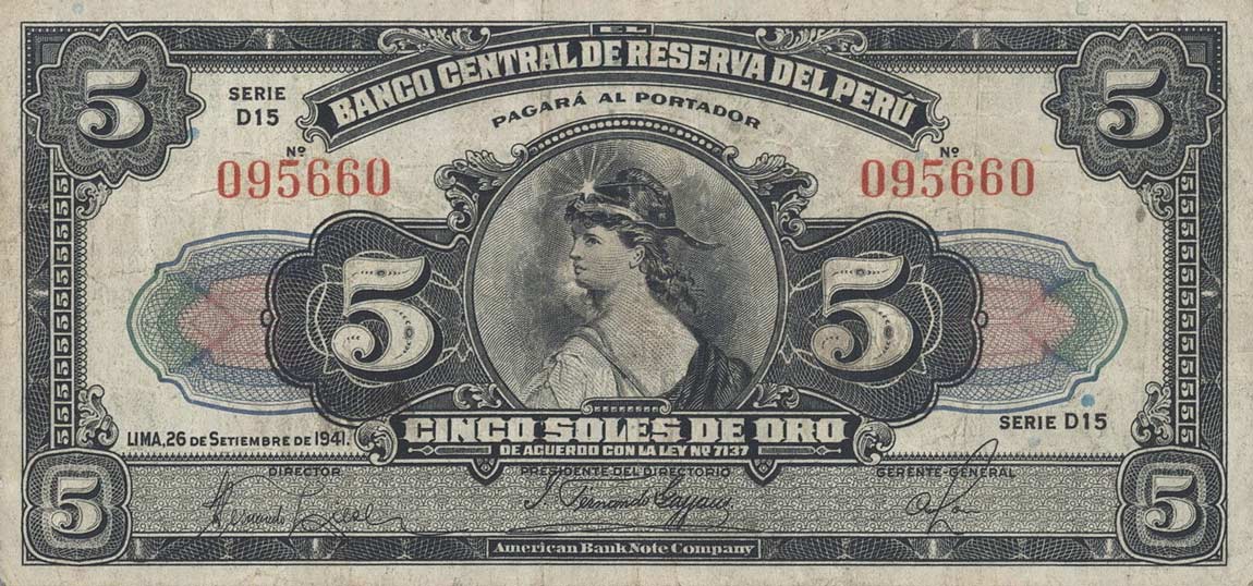 Front of Peru p66Aa: 5 Soles from 1941