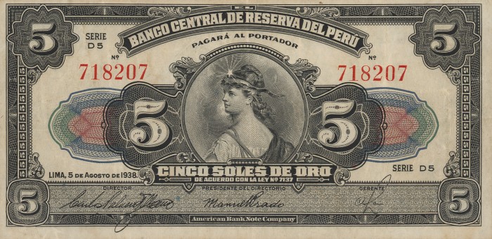 Front of Peru p66a: 5 Soles from 1933