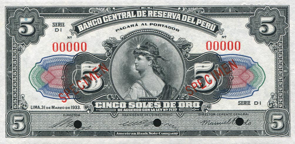 Front of Peru p66s: 5 Soles from 1933