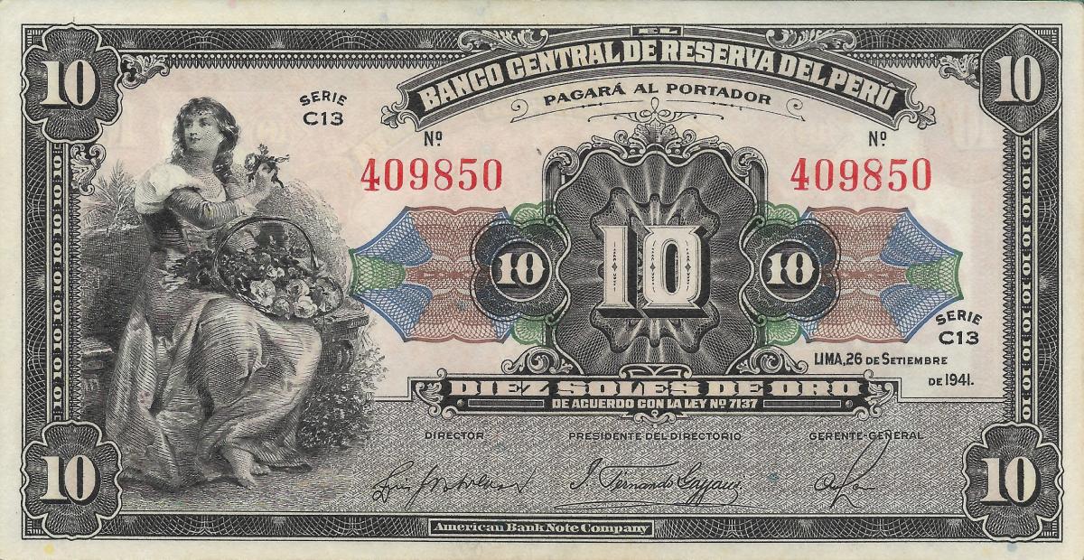 Front of Peru p67Aa: 10 Soles from 1941