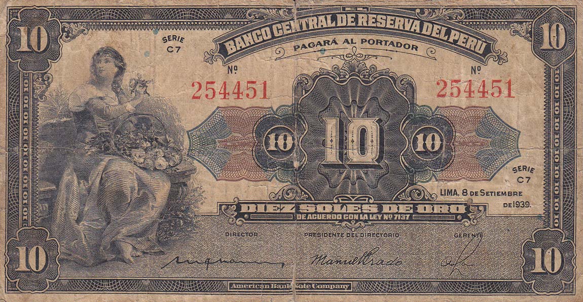 Front of Peru p67a: 10 Soles from 1933