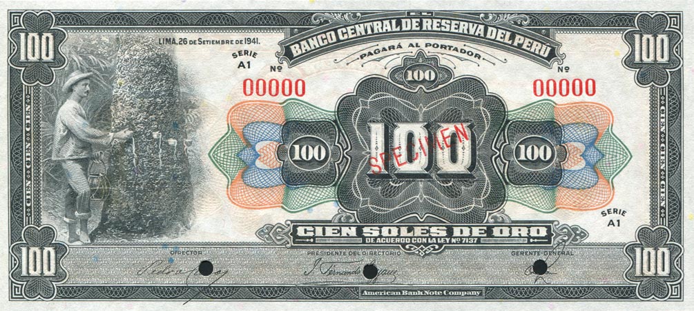 Front of Peru p69As: 100 Soles from 1941