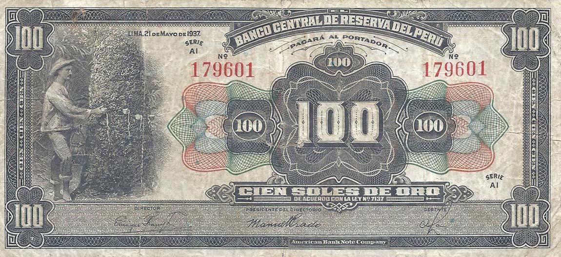 Front of Peru p69a: 100 Soles from 1933