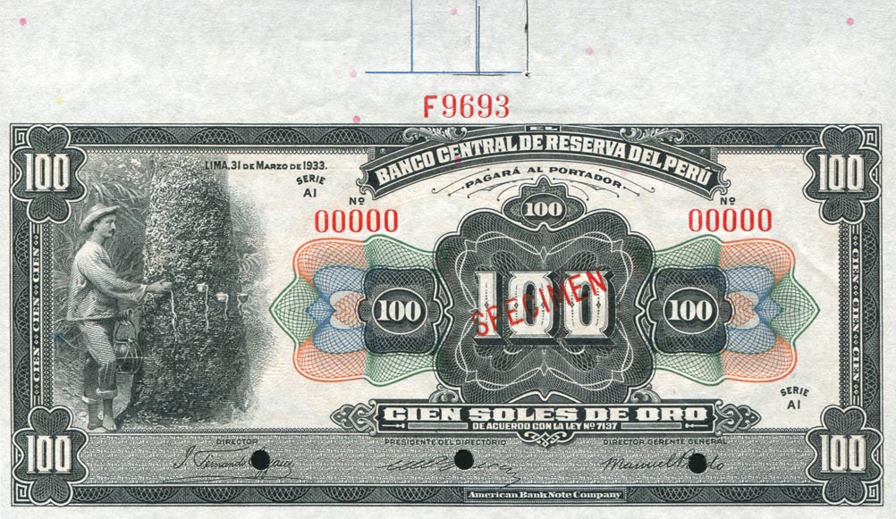 Front of Peru p69s: 100 Soles from 1933