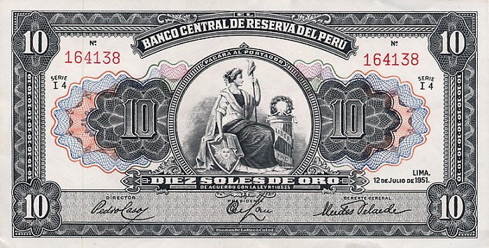 Front of Peru p71a: 10 Soles from 1951