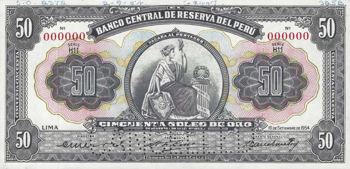 Front of Peru p72s: 50 Soles from 1949