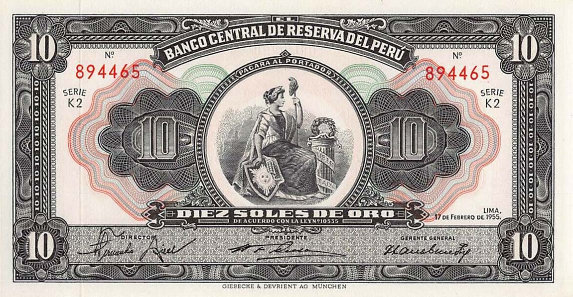 Front of Peru p75: 10 Soles from 1955