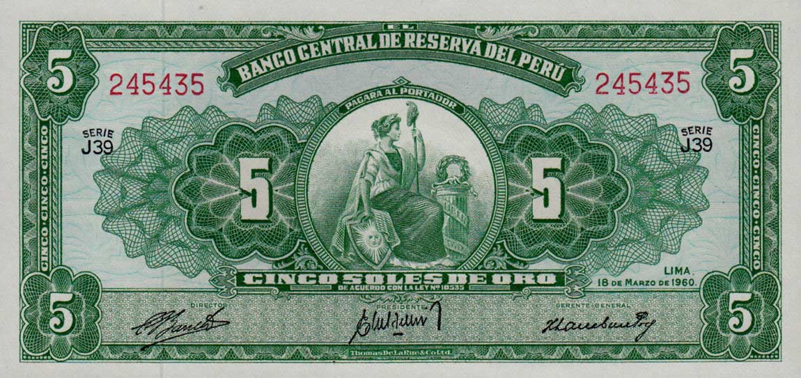 Front of Peru p76a: 5 Soles from 1956