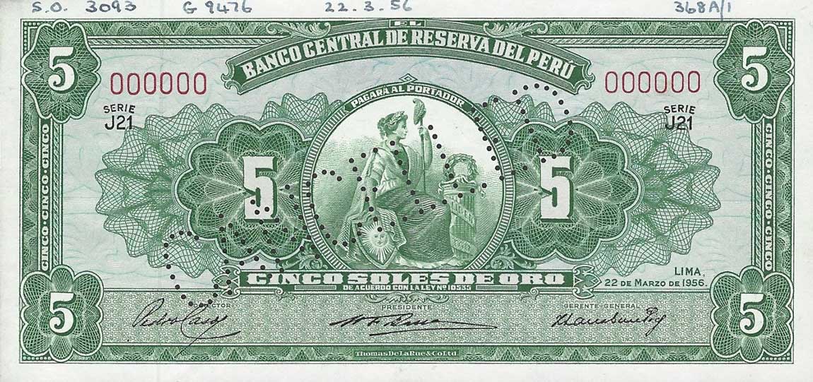 Front of Peru p76s: 5 Soles from 1956