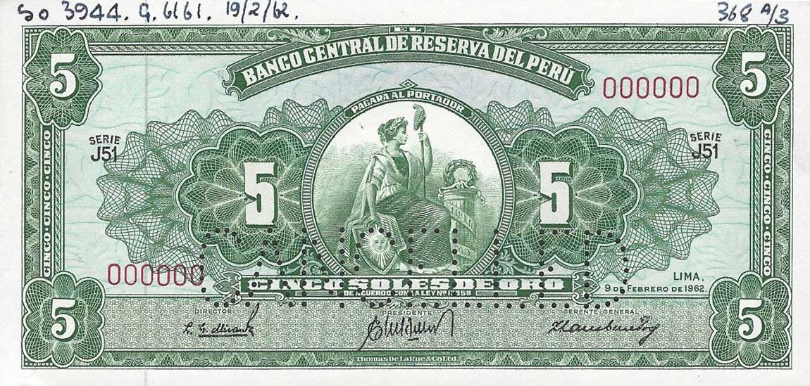 Front of Peru p83s: 5 Soles de Oro from 1962