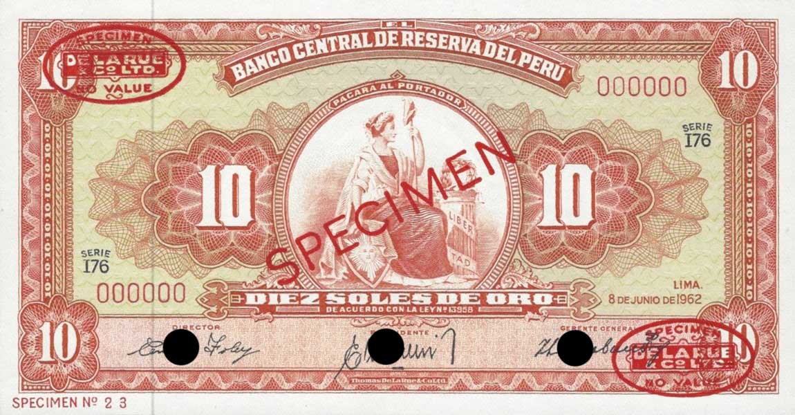 Front of Peru p84s: 10 Soles de Oro from 1962