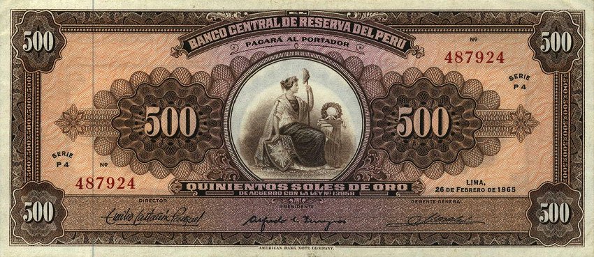 Front of Peru p91: 500 Soles de Oro from 1965