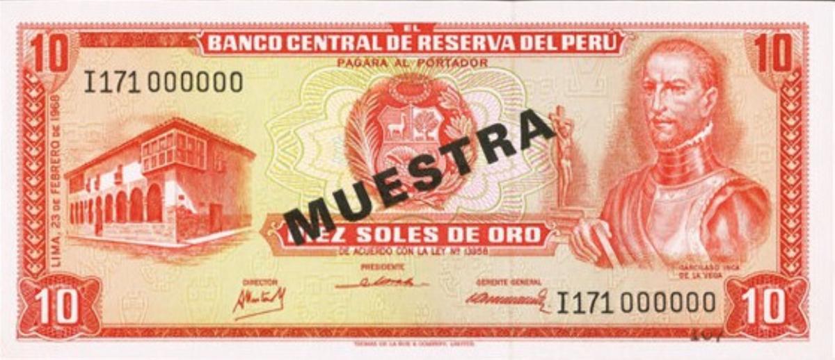 Front of Peru p93s: 10 Soles de Oro from 1968