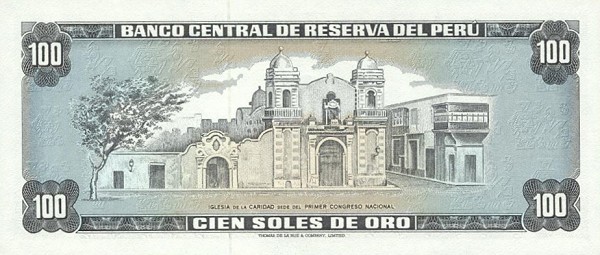 Back of Peru p95a: 100 Soles de Oro from 1968