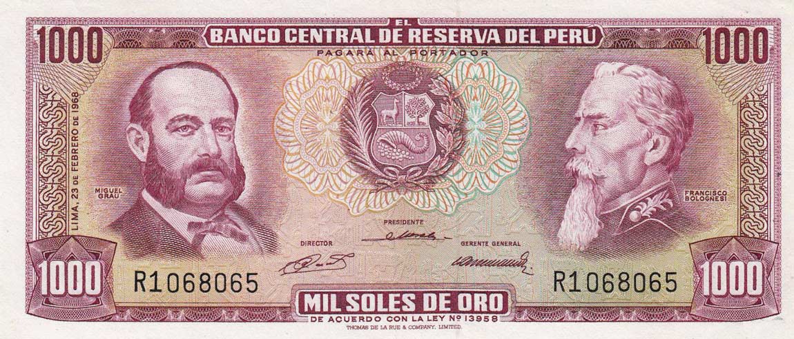 Front of Peru p98a: 1000 Soles de Oro from 1968