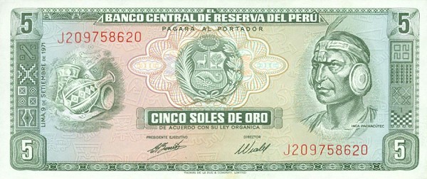 Front of Peru p99b: 5 Soles de Oro from 1970