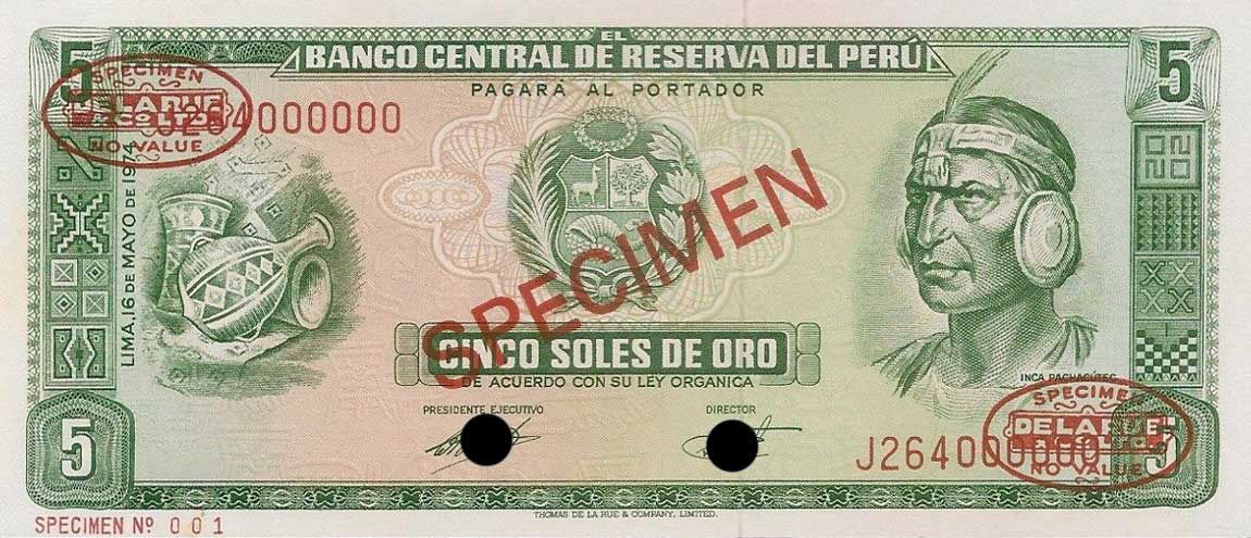Front of Peru p99s: 5 Soles de Oro from 1969