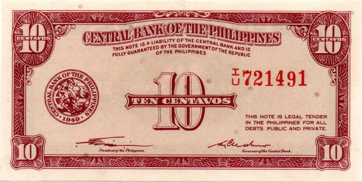 Front of Philippines p127a: 10 Centavos from 1949