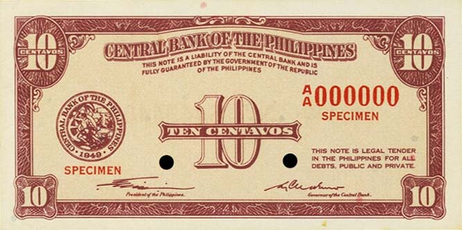 Front of Philippines p127s: 10 Centavos from 1949