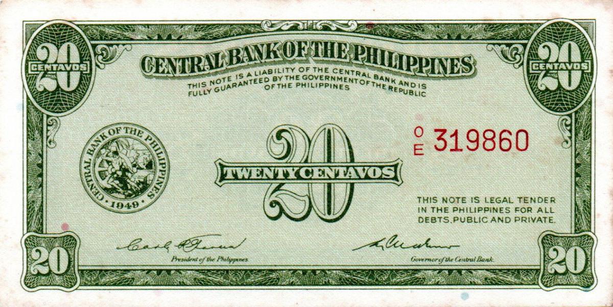 Front of Philippines p130b: 20 Centavos from 1949