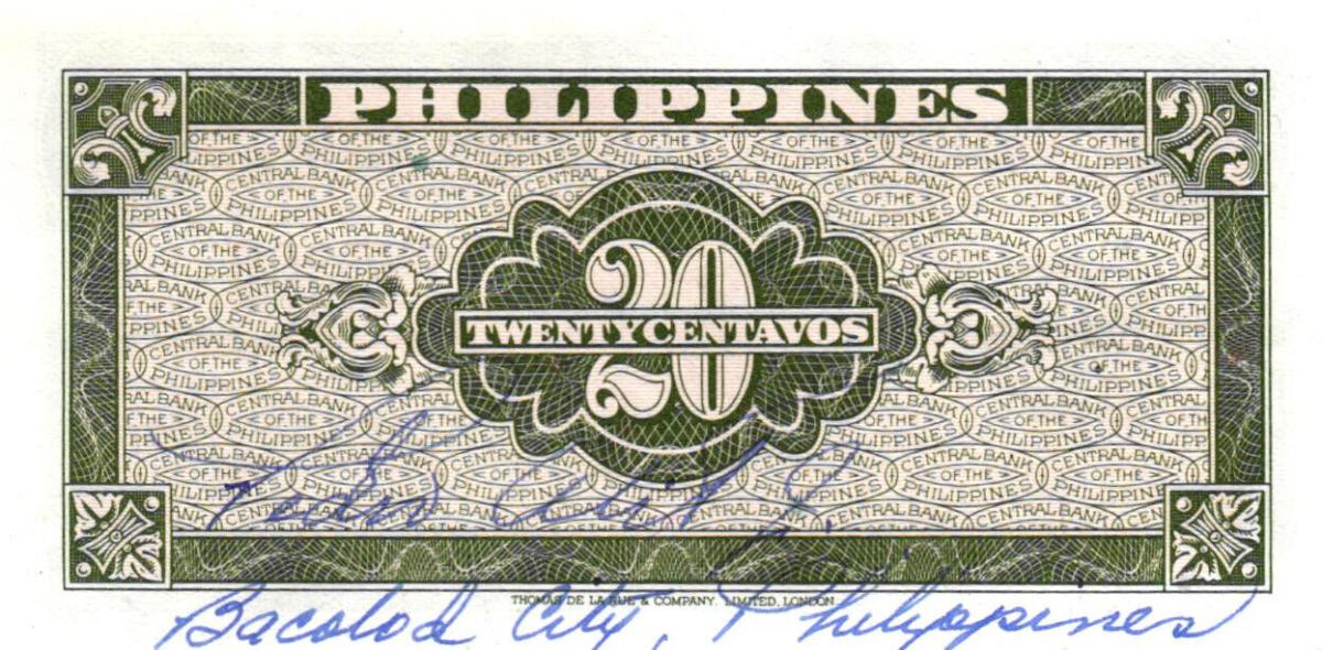 Back of Philippines p130c: 20 Centavos from 1949