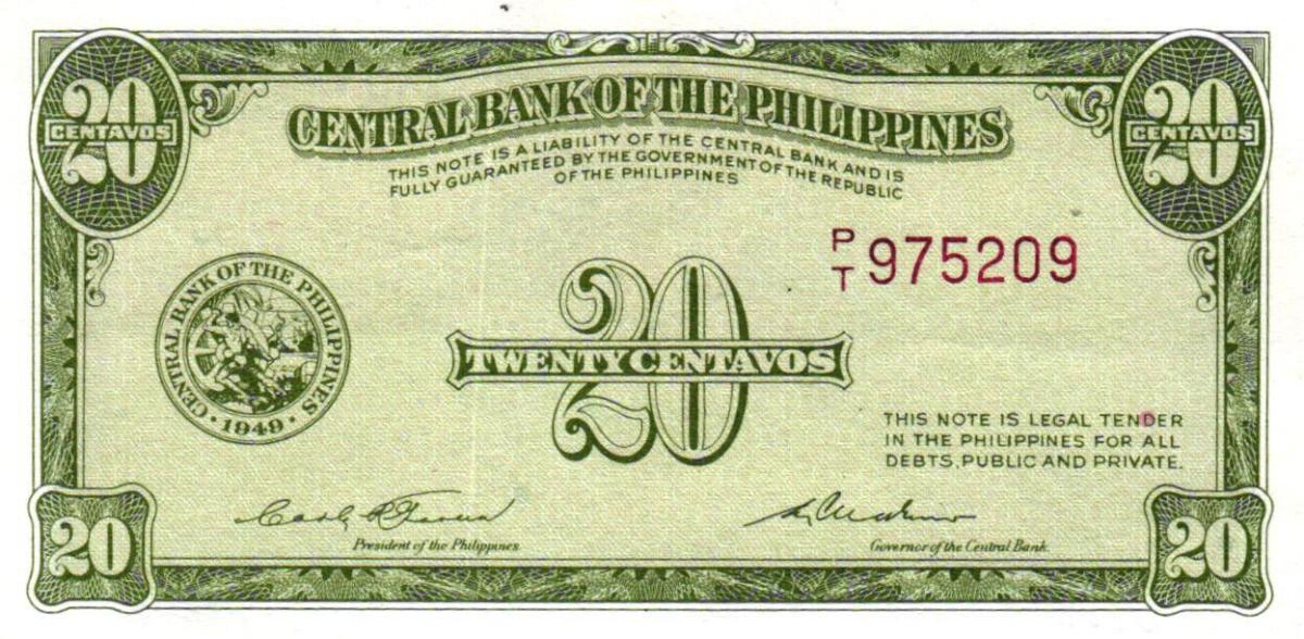 Front of Philippines p130c: 20 Centavos from 1949